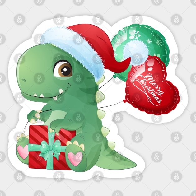 Cute Christmas T Rex With Santa Hat And Gift Box Sticker by P-ashion Tee